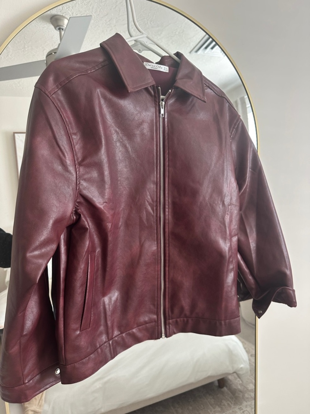 Women's Deep Burgundy Oversized Leather Zip-Front Jacket